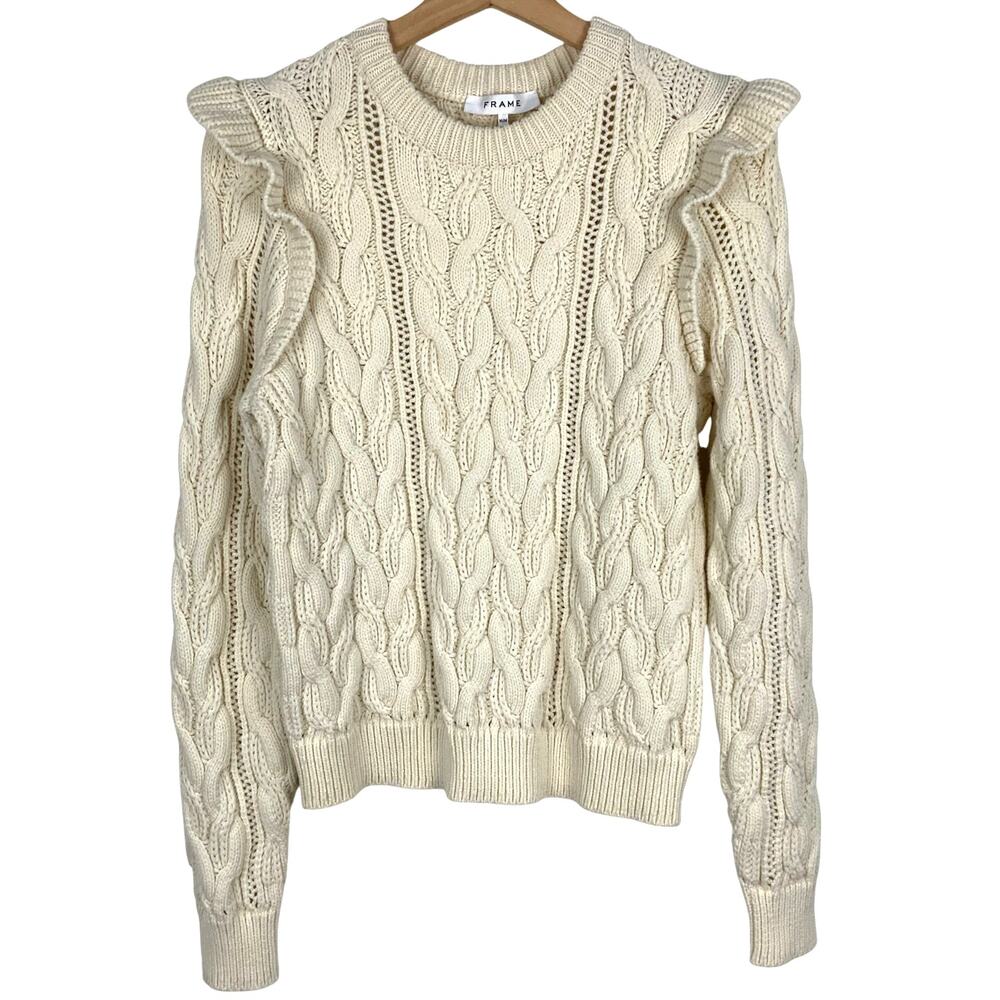 FRAME Sofia Ruffled Cable Knit Sweater Off White Cream Women's Size Medium - Picture 2 of 5
